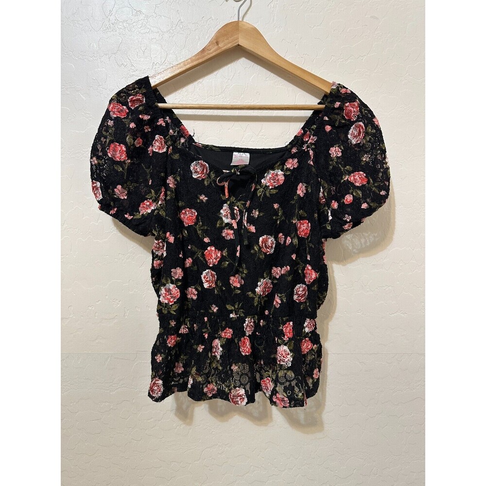 Y2K Floral Lace Cottagecore Top Size‎ L Puff Sleeve Coquette Fairygrunge Dainty